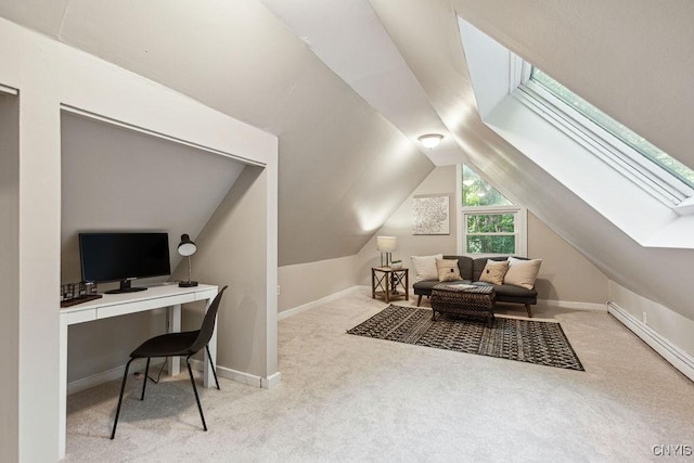 interior space featuring light colored carpet, vaulted ceiling, and a baseboard heating unit