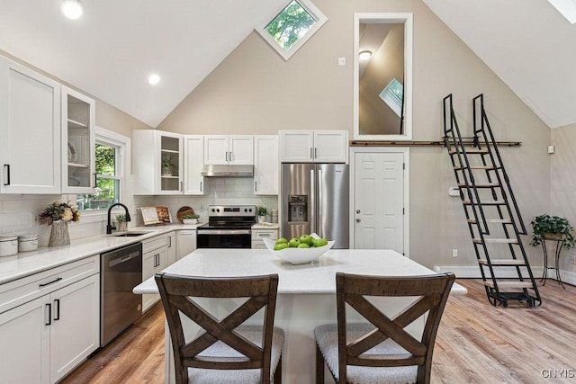 kitchen with white cabinets, sink, stainless steel appliances, and tasteful backsplash