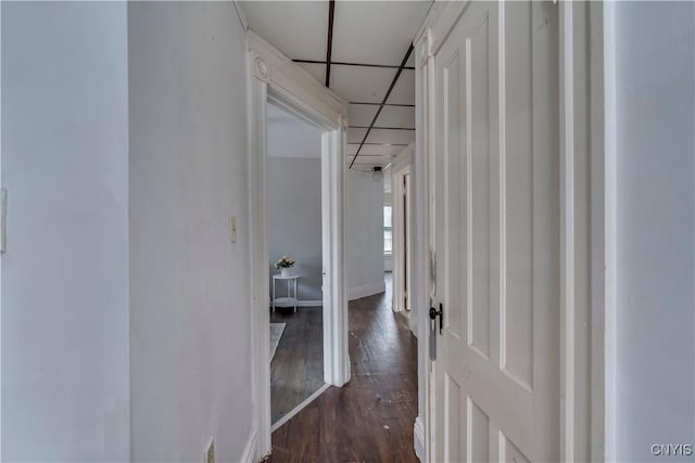 hall featuring a paneled ceiling and dark wood-type flooring