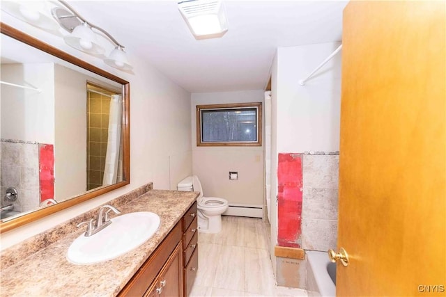 full bathroom with shower / bath combo with shower curtain, vanity, toilet, and a baseboard heating unit