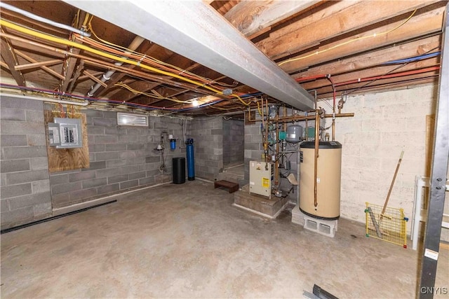 basement featuring electric panel and water heater