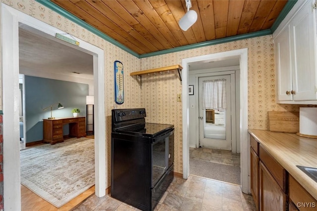 kitchen featuring white cabinetry, crown molding, wood ceiling, and black range with electric cooktop