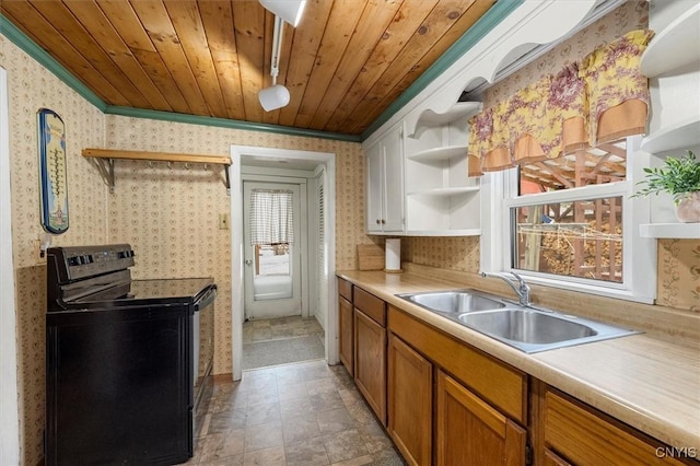 kitchen with crown molding, black range with electric stovetop, sink, and wood ceiling