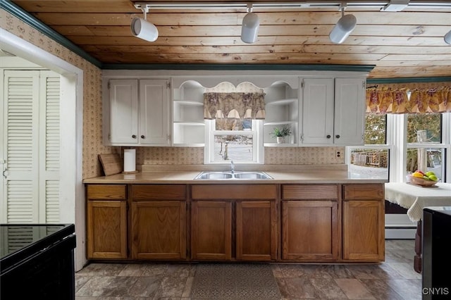 kitchen featuring sink, wooden ceiling, a baseboard radiator, backsplash, and white cabinets