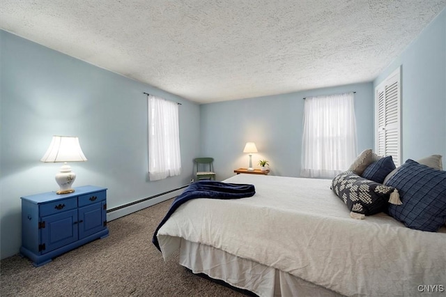 bedroom featuring a textured ceiling, a baseboard radiator, and light colored carpet