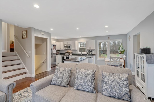 living room with wood-type flooring and sink