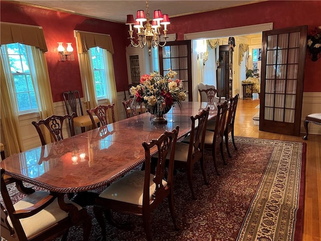 1470 State Route 19, Middlebury, NY 14591 - dining room featuring a chandelier, wood finished floors, and wainscoting