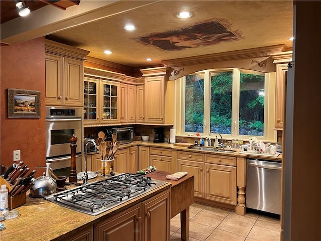 1470 State Route 19, Middlebury, NY 14591 - kitchen with appliances with stainless steel finishes, light tile patterned floors, crown molding, recessed lighting, and backsplash