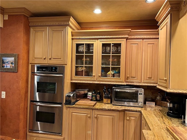 1470 State Route 19, Middlebury, NY 14591 - kitchen featuring double oven, glass insert cabinets, recessed lighting, decorative backsplash, and crown molding