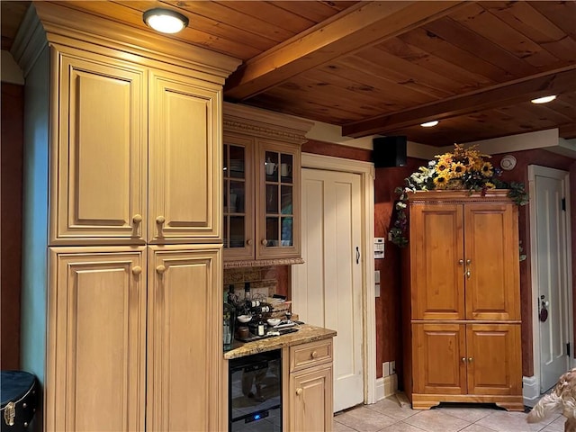 1470 State Route 19, Middlebury, NY 14591 - kitchen with a wooden ceiling with exposed beams, light tile patterned flooring, glass insert cabinets, beverage cooler, and light stone countertops