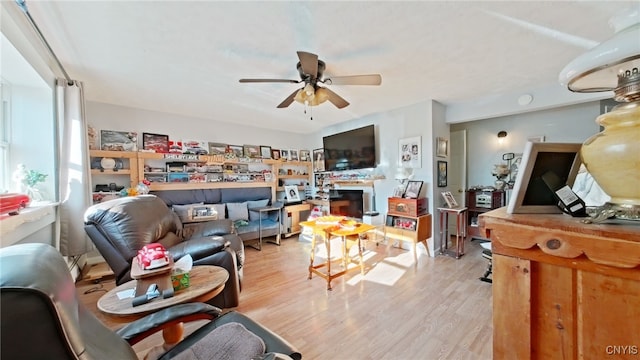 living room featuring ceiling fan and light hardwood / wood-style floors