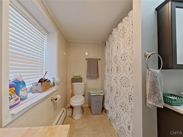 bathroom with a shower with curtain, toilet, tile walls, and a baseboard heating unit