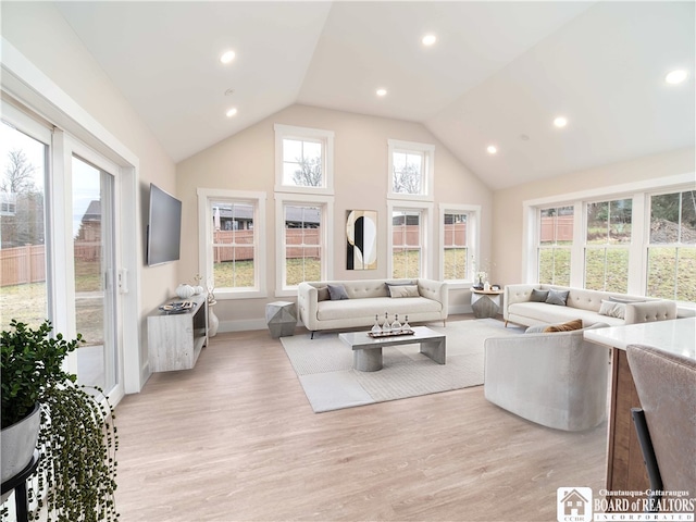 living room with light hardwood / wood-style flooring and high vaulted ceiling