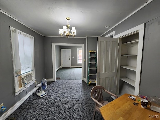 unfurnished office featuring dark colored carpet, cooling unit, and an inviting chandelier