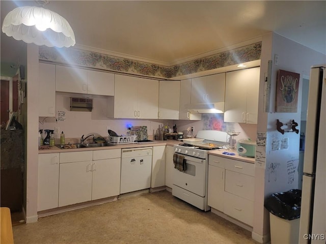 kitchen featuring sink, an AC wall unit, white appliances, white cabinets, and exhaust hood