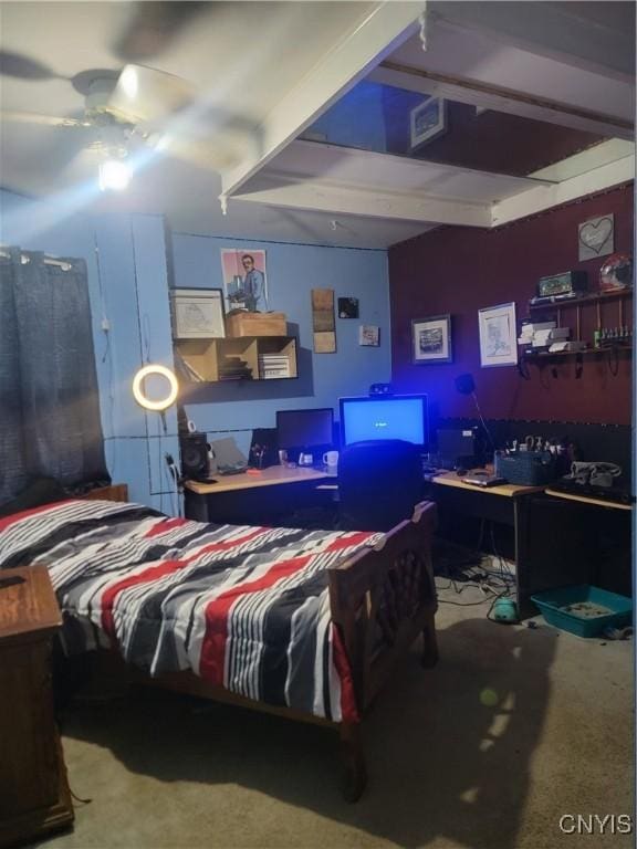 bedroom featuring carpet and ceiling fan