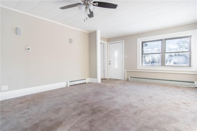 unfurnished living room with crown molding, carpet, and a baseboard heating unit