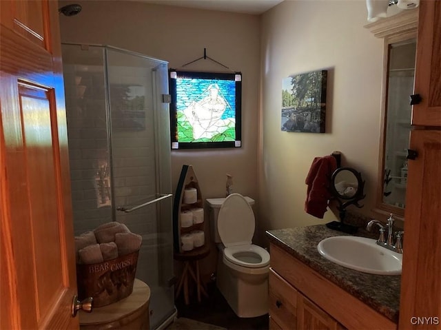 bathroom featuring vanity, toilet, and a shower with shower door