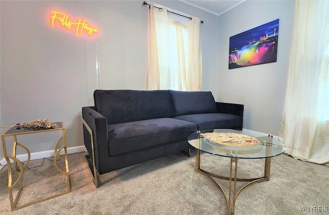 living room featuring carpet and crown molding