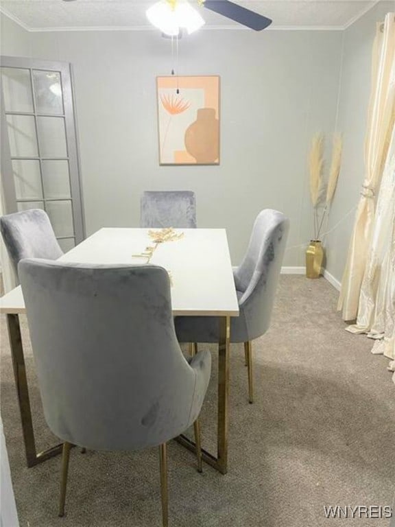 dining area with carpet flooring, ceiling fan, and ornamental molding