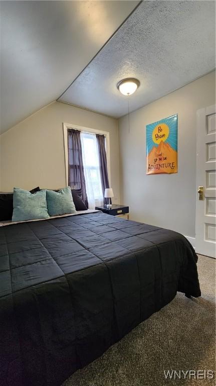 bedroom with carpet flooring, a textured ceiling, and vaulted ceiling