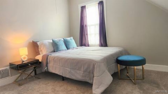 carpeted bedroom with lofted ceiling