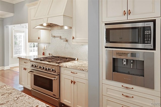 kitchen with crown molding, appliances with stainless steel finishes, premium range hood, light stone countertops, and decorative backsplash