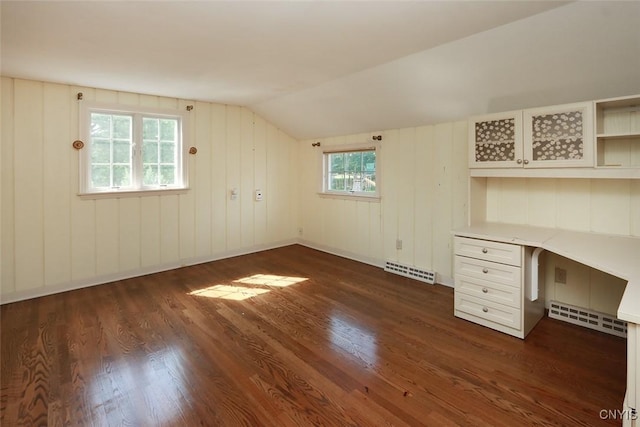 bonus room with a baseboard radiator, dark hardwood / wood-style floors, lofted ceiling, and a healthy amount of sunlight