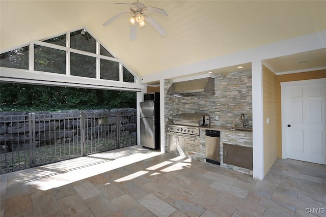 view of patio featuring ceiling fan, sink, exterior kitchen, and area for grilling