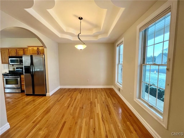 unfurnished dining area featuring a tray ceiling and light wood-type flooring