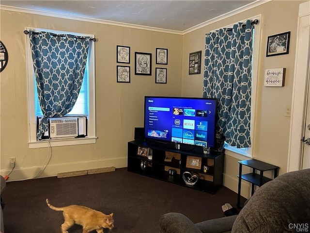 living room with cooling unit and ornamental molding