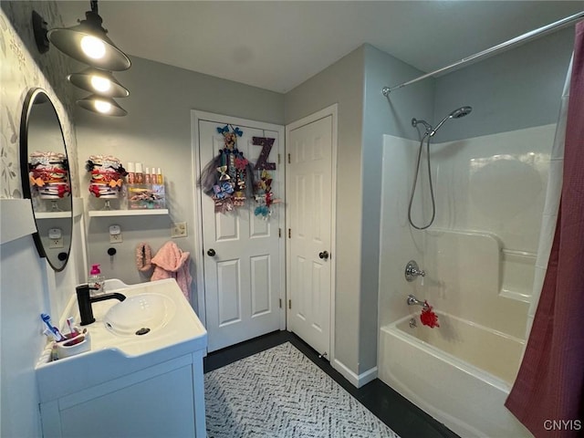 bathroom with vanity and shower / bathtub combination with curtain