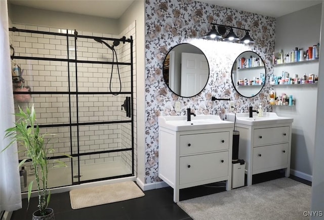 bathroom with vanity and walk in shower