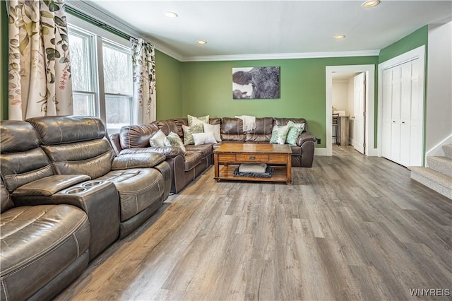 living room with wood-type flooring and crown molding