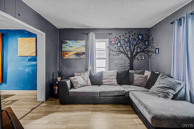 living room with wood-type flooring and a textured ceiling