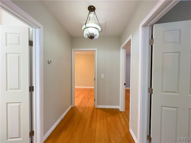 corridor with a chandelier and light wood-type flooring