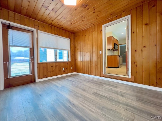 empty room with wood ceiling, wood-type flooring, and wooden walls