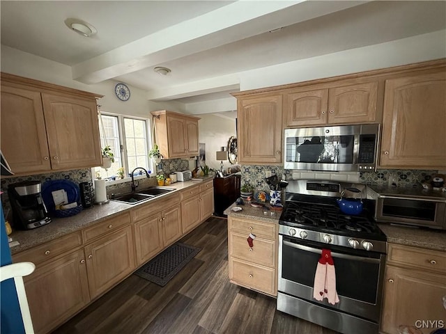 kitchen with beam ceiling, sink, dark hardwood / wood-style flooring, backsplash, and appliances with stainless steel finishes