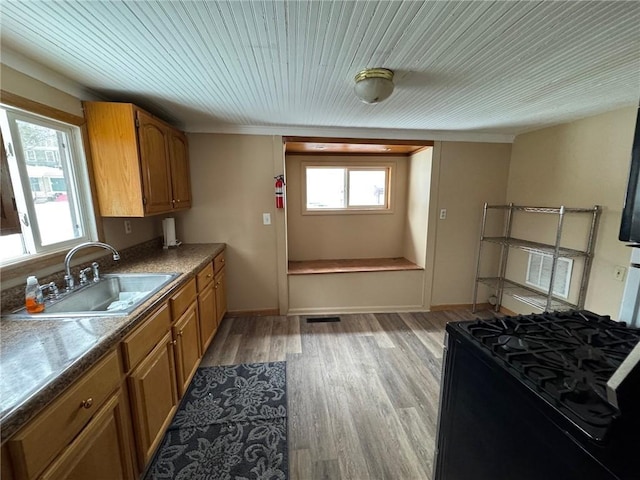 kitchen with black gas range, light wood-type flooring, and sink