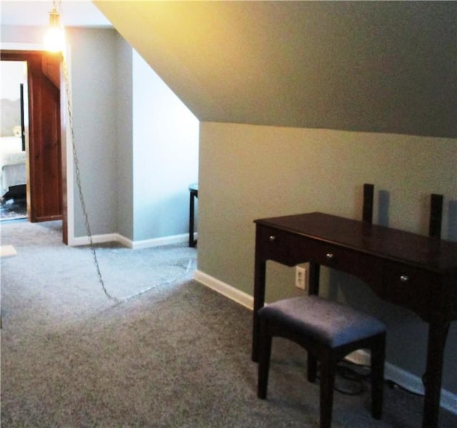 home office with carpet and lofted ceiling