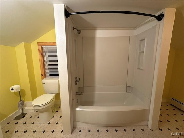 bathroom with bathtub / shower combination, toilet, baseboard heating, and lofted ceiling