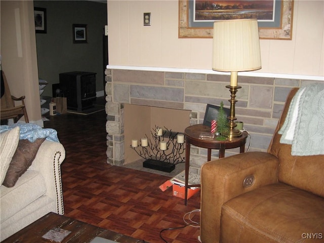 living room with dark parquet floors