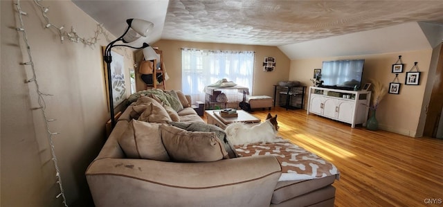 living room with light wood-style floors, vaulted ceiling, and a textured ceiling