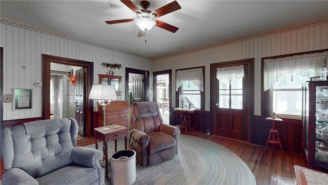 living area with dark hardwood / wood-style floors and ceiling fan