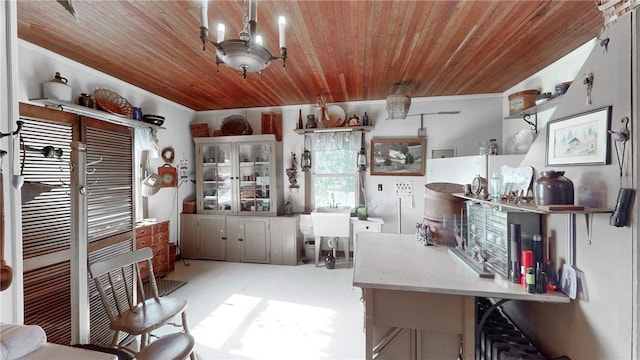 kitchen with a kitchen bar, wooden ceiling, and kitchen peninsula