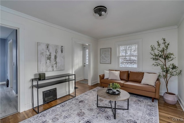 living room featuring crown molding and wood-type flooring