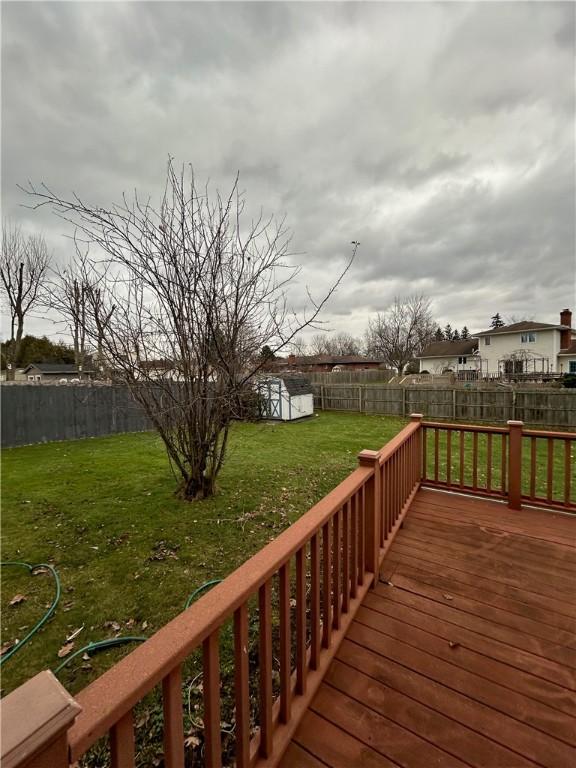 deck featuring a yard and a storage shed