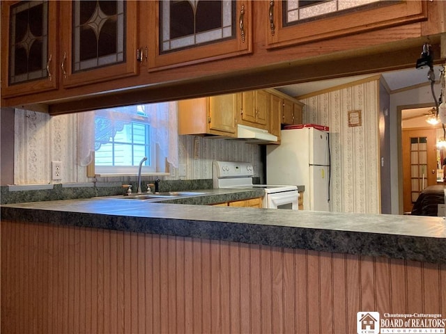 kitchen with white appliances, ornamental molding, and sink