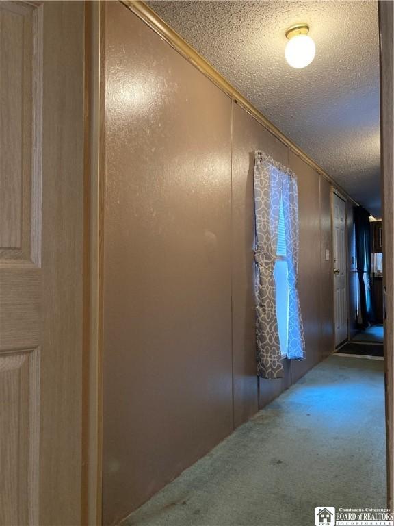 hall with carpet, wood walls, crown molding, and a textured ceiling