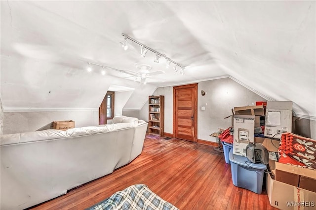 bonus room featuring lofted ceiling, ceiling fan, and wood-type flooring